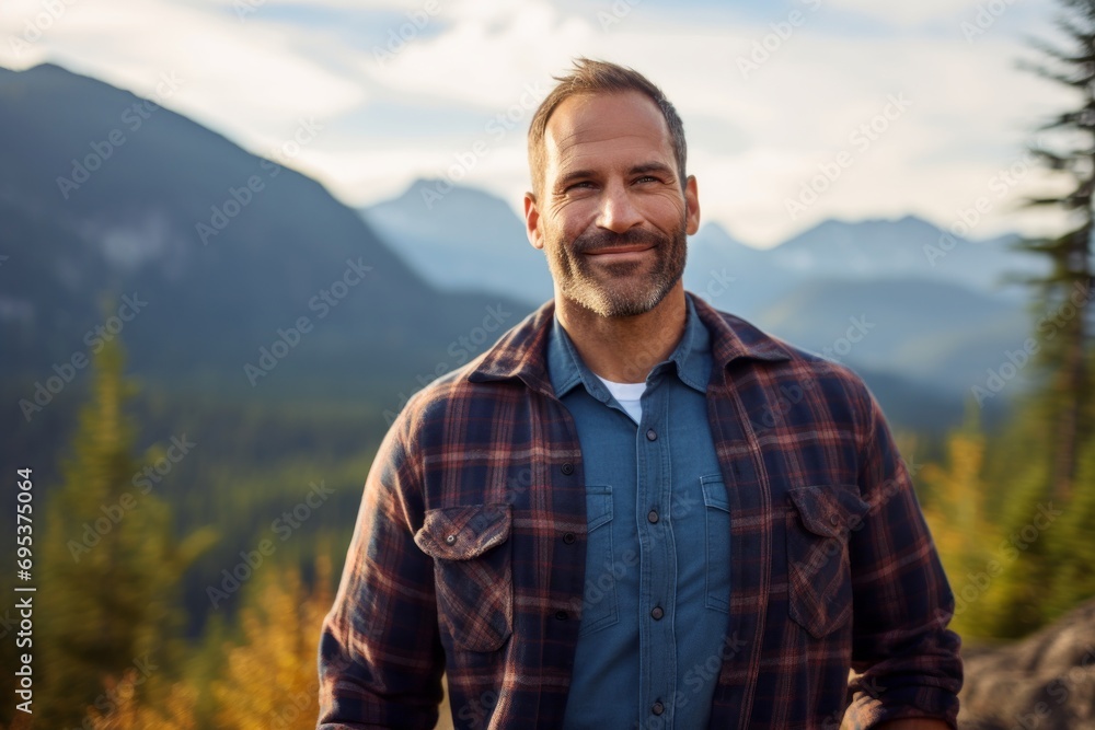 Portrait of a grinning man in his 40s wearing a comfy flannel shirt against a panoramic mountain vista. AI Generation Portrait of a grinning man in his 40s wearing a comfy flannel shirt against a panoramic mountain vista. AI Generation