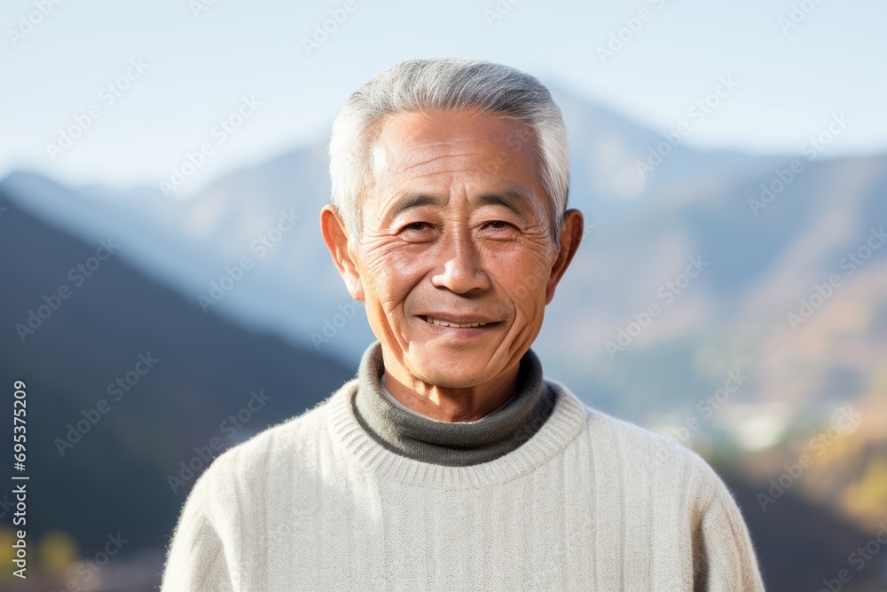 Portrait of a grinning asian man in his 70s showing off a thermal merino wool top against a panoramic mountain vista. AI Generation