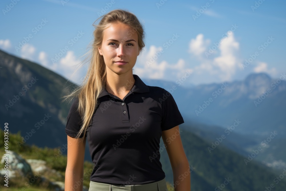 Portrait of a content woman in her 20s wearing a sporty polo shirt against a panoramic mountain vista. AI Generation