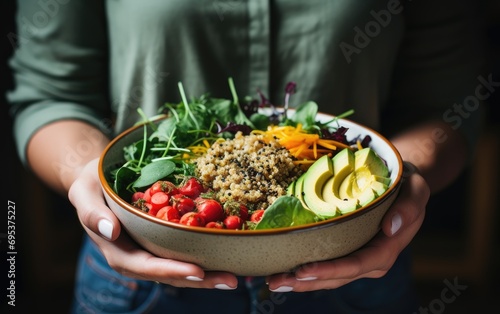 Woman holding bowl with fresh salad