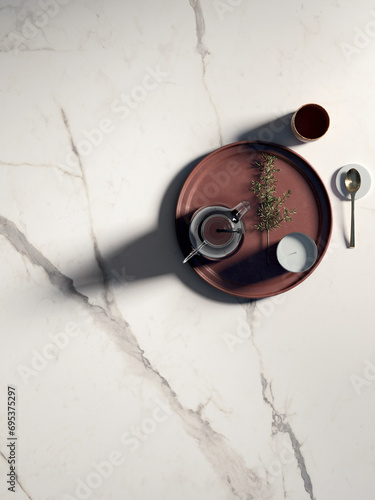 Up close platter is positioned atop a texture of white concrete floor with a natural design. 3D Rendering