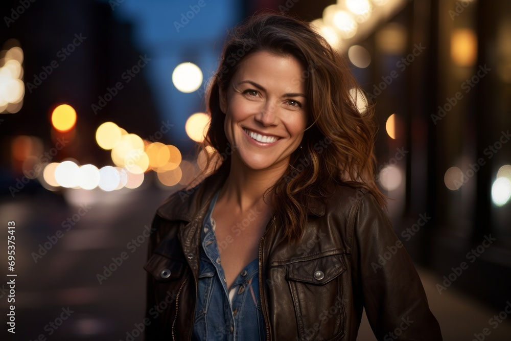 Portrait of a smiling woman in her 40s wearing a rugged jean vest against a glittering city nightlife. AI Generation Portrait of a smiling woman in her 40s wearing a rugged jean vest against a glittering city nightlife. AI Generation