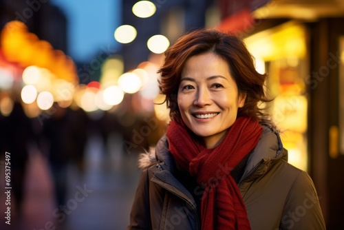Portrait of a grinning asian woman in her 40s showing off a thermal merino wool top against a glittering city nightlife. AI Generation © Markus Schröder