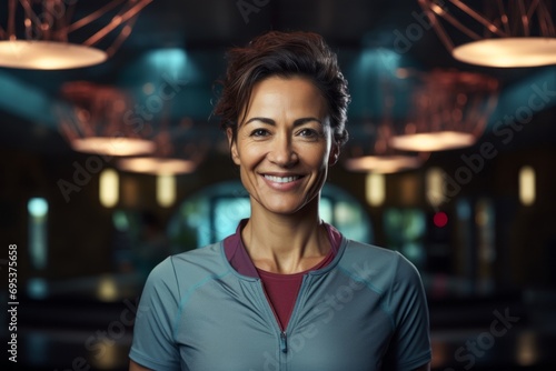 Portrait of a smiling woman in her 40s sporting a technical climbing shirt against a soothing spa interior. AI Generation © Markus Schröder