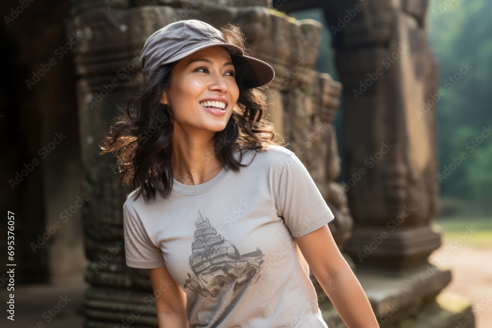 Portrait of a cheerful asian woman in her 40s sporting a technical climbing shirt against a backdrop of ancient ruins. AI Generation