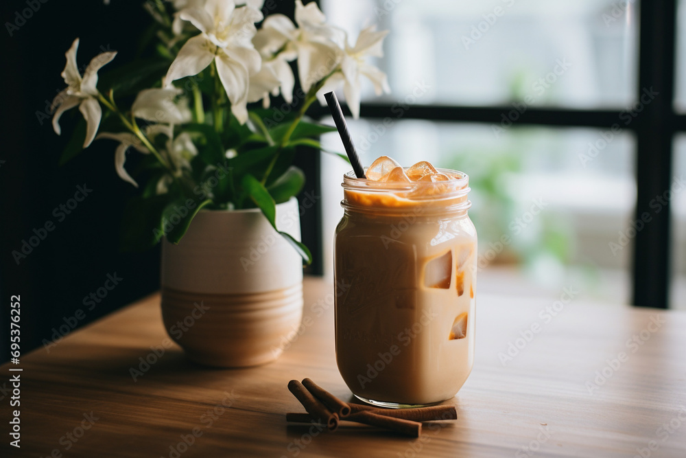 Peachy Chai Bliss: Mason Jar with Iced Chai Latte and Cinnamon Stick, Blending Cozy Warmth with Modern Sophistication in Peach and Taupe Hues Peachy Chai Bliss: Mason Jar with Iced Chai Latte and Cinnamon Stick, Blending Cozy Warmth with Modern Sophistication in Peach and Taupe Hues
