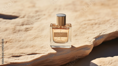 Generative AI, Bottle of beige perfume on a beige natural stone background. Glass flask with fragrance packaging design mock up 
