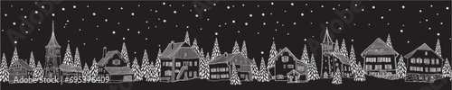 Christmas and New Year seamless border pattern. Fairy tale houses, stars, snowflakes, fir tree and spruce. White contour doodle on a black background 