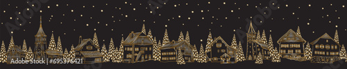 Christmas and New Year seamless border pattern. Fairy tale houses, stars, snowflakes, fir tree and spruce. Golden doodle contour line on a black background 