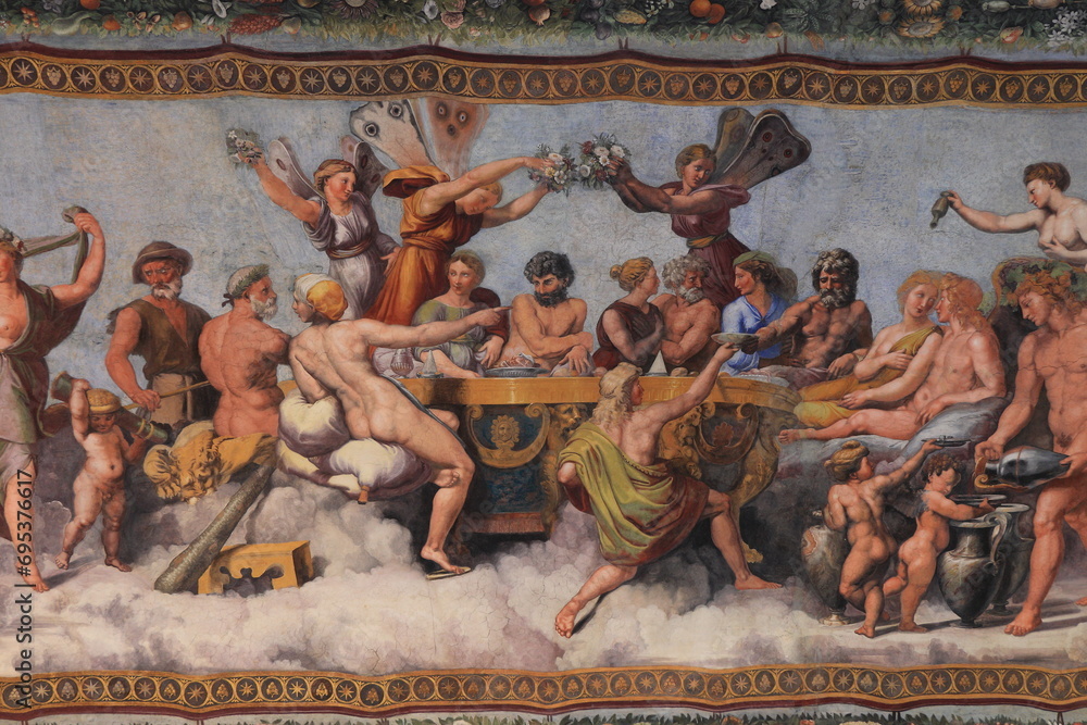 Naklejka premium Villa Farnesina Vault Fresco Detail Depicting the Wedding Banquet of Amor and Psyche in Rome, Italy