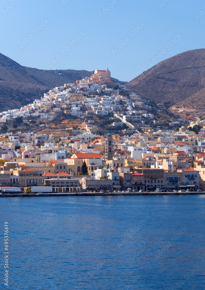 Panoramic View from the sea to the Ermoupolis city of Syros island in Greece