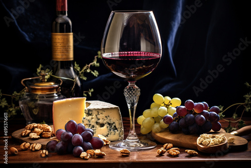 Vineyard Radiance: Wine Goblet with Red Wine and Cheese, Harmonizing Elegant Tradition with Contemporary Glamour in Deep Purple and Gold