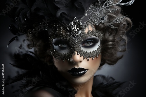 Beautiful Young Woman in Mysterious Venetian Black Mask - Elegant Fashion Close-up Portrait