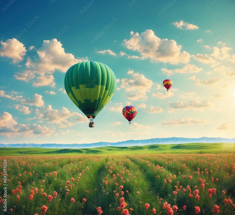 Obraz premium Hot air balloons flying over blooming meadow with poppies