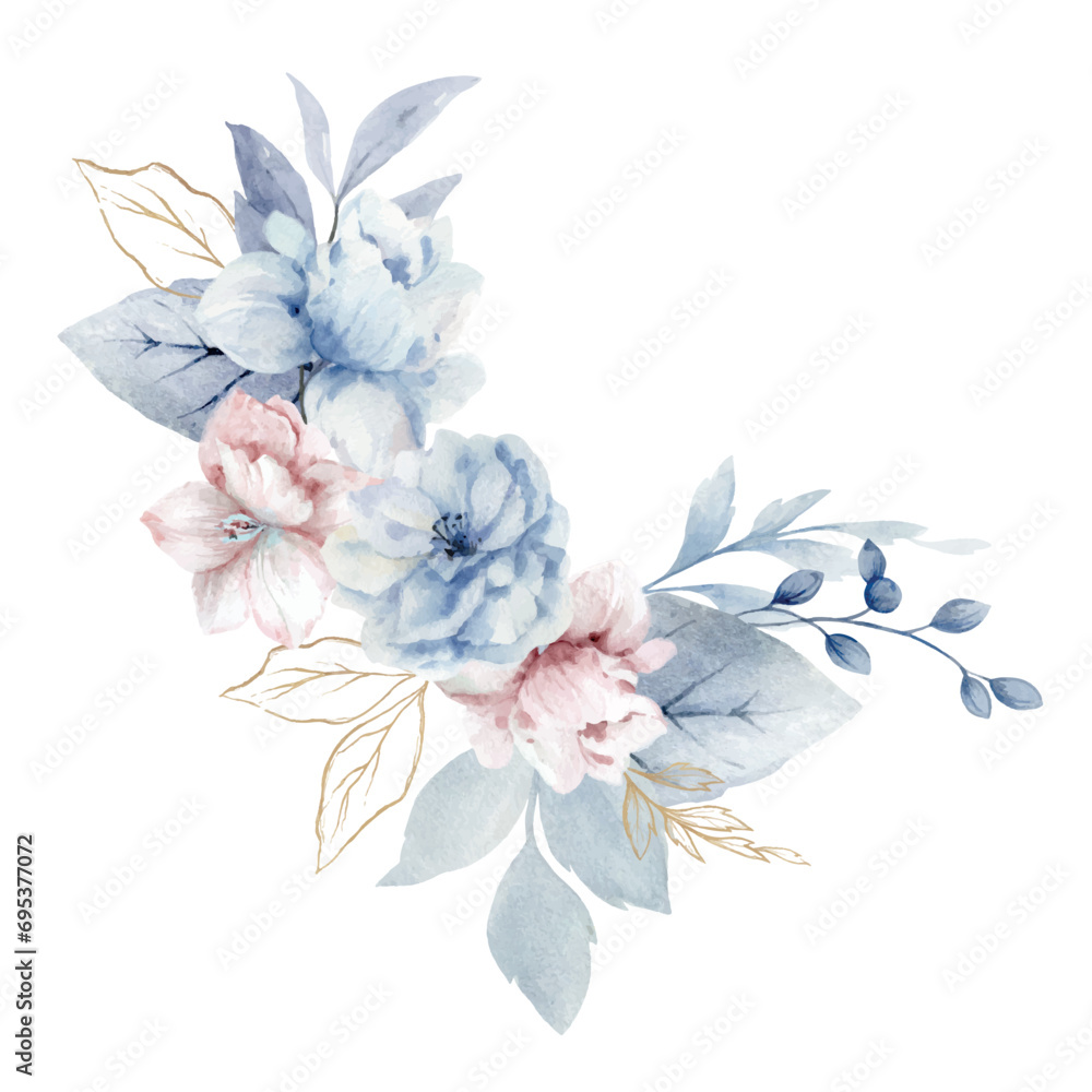 Watercolor vector floral wreath. Dusty blue, pink flowers and branches. Winter blossom flower gentle clip art. Arrangement for wedding, invitations, decoration, mothers day, birthday. Hand drawn