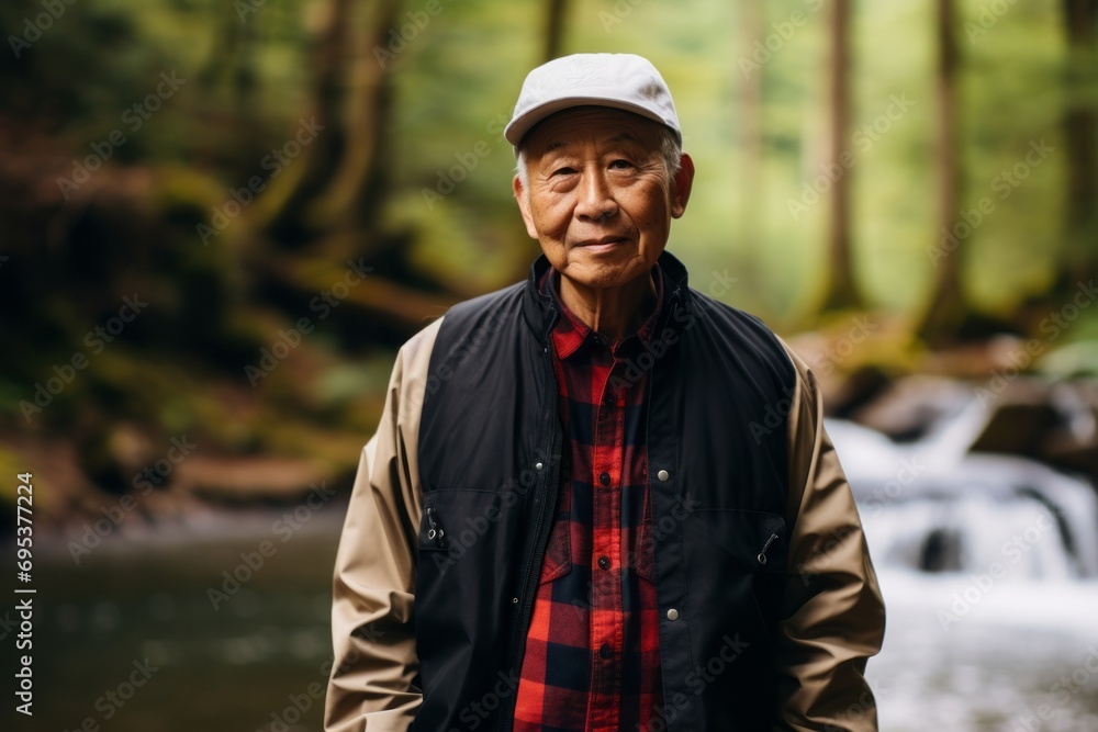 Portrait of a content asian man in his 70s sporting a stylish varsity jacket against a tranquil forest stream. AI Generation Portrait of a content asian man in his 70s sporting a stylish varsity jacket against a tranquil forest stream. AI Generation