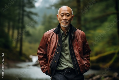 Portrait of a content asian man in his 70s sporting a stylish varsity jacket against a tranquil forest stream. AI Generation