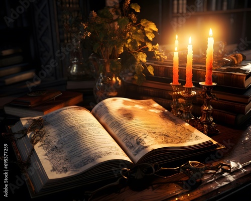 Old books, candles and bible on a wooden table in the dark