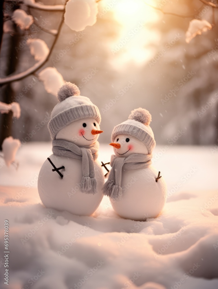 Obraz premium Two snowmen are a wonderful couple. Winter's Tale. AI generated.