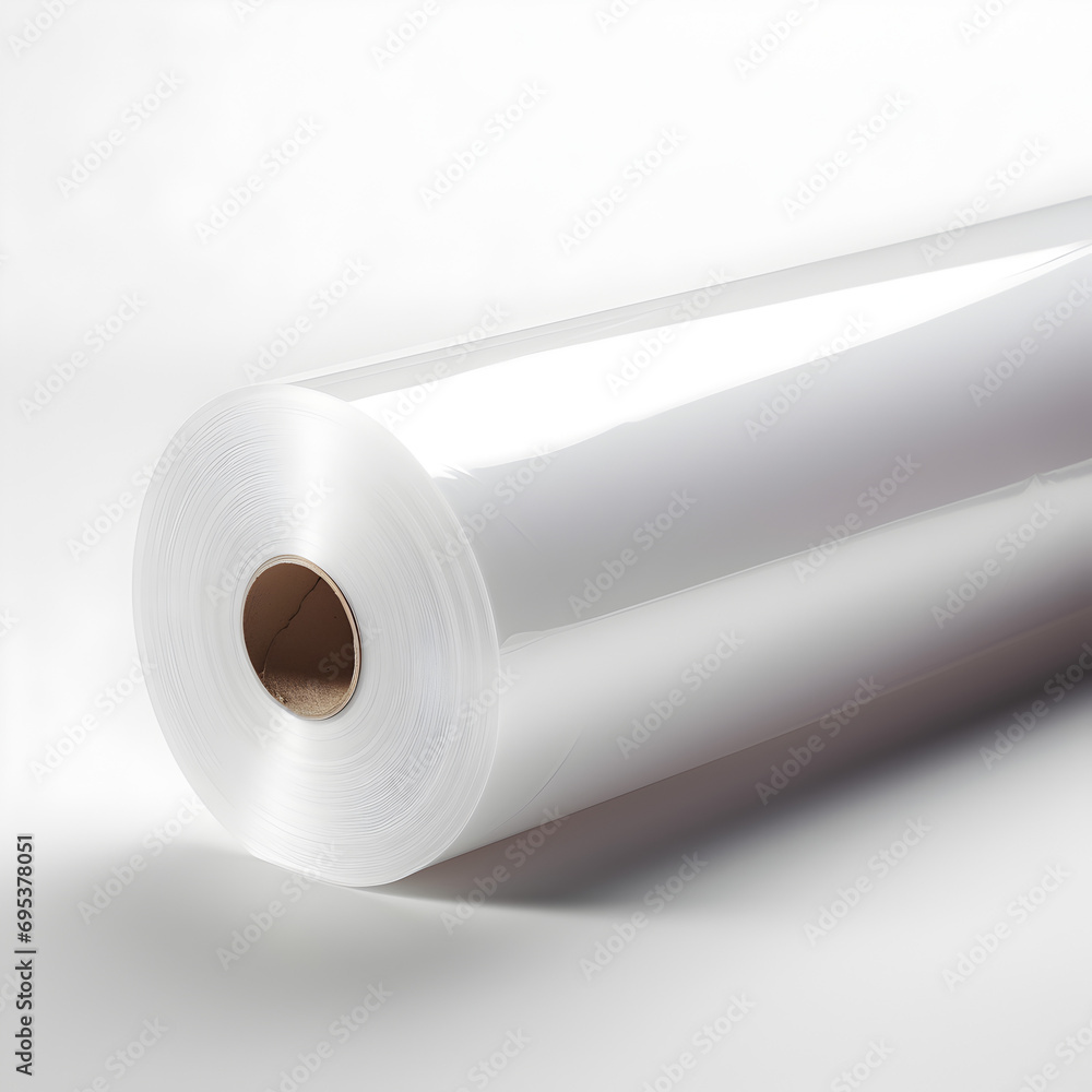 A roll of clear plastic film isolated on a white background