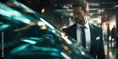 Sophisticated man in a suit admiring a luxury car in a showroom, epitome of style and class © Ai Studio