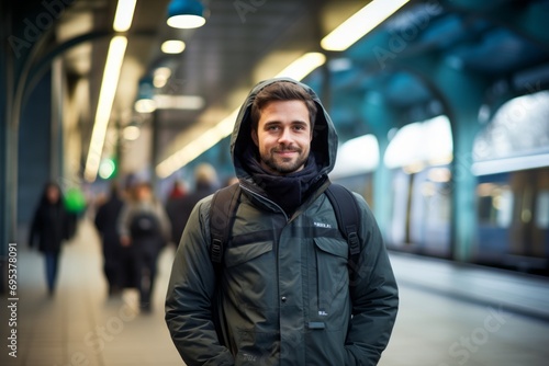 Portrait of a glad man in his 30s wearing a windproof softshell against a modern city train station. AI Generation