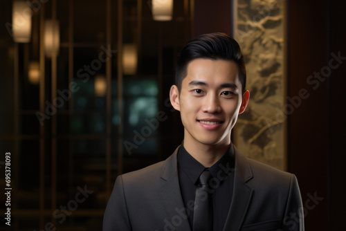 Asian hotel employee in suit smiling professionally, offering welcoming hospitality photo