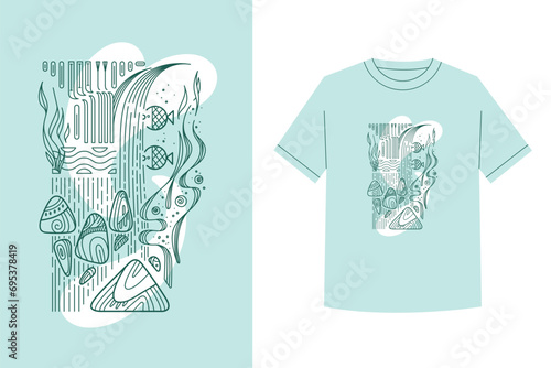Marine life. Vector underwater illustration. Fishes, waves, rocks, algae and other elements in composition. Print for postcard, cover, t-shirt, poster.
