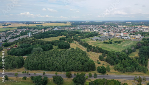 Photo from drone air urban transport automobile ring. City transportation road life concept.