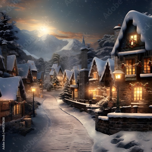 Winter village at night in the snowy mountains. 3d illustration. © Iman