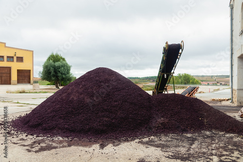 Grape pomace after pressing in wine factory near houses on road near countryside photo