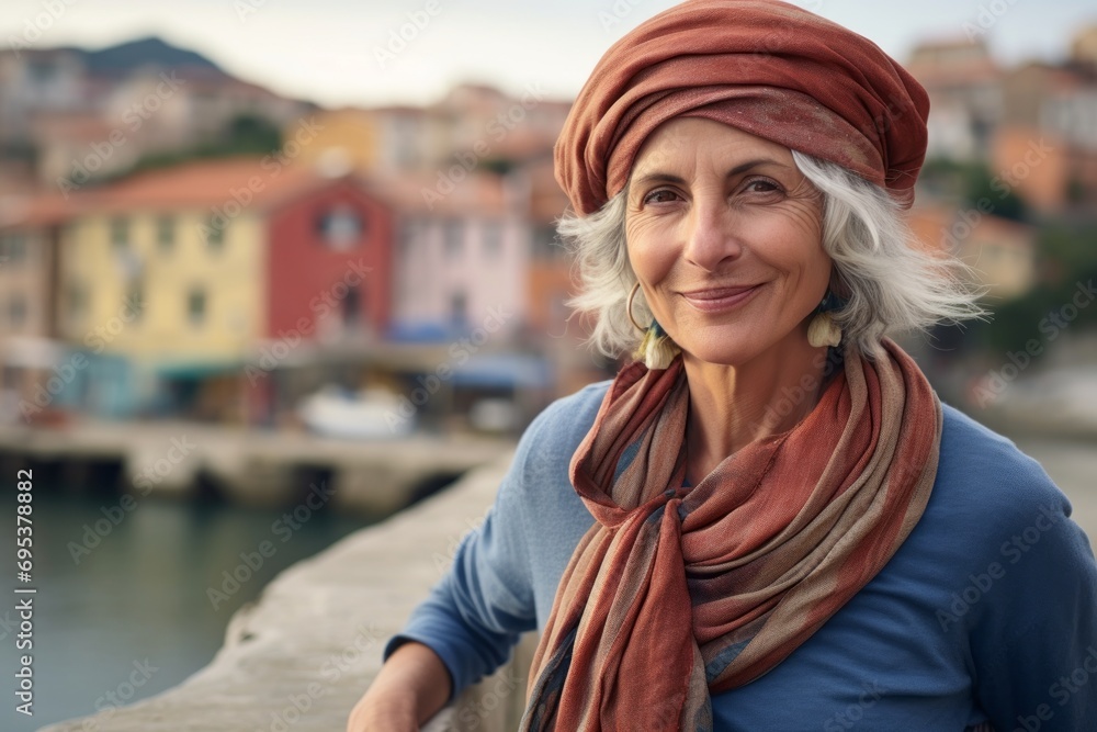 Portrait of a satisfied woman in her 50s wearing a versatile buff against a picturesque seaside village. AI Generation
