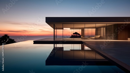 3d rendering of modern cozy house with pool and sea view at sunset © Iman