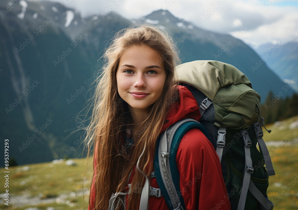 A smiling woman wearing a red jacket and a backpack, AI Generated A smiling woman wearing a red jacket and a backpack, AI Generated