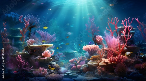 Underwater scene with corals and fish. Underwater world. © Iman