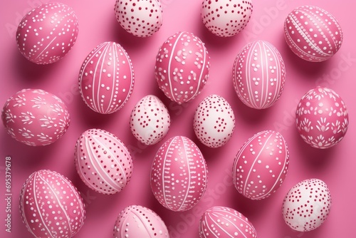 Easter background with colored eggs. Pink and white Easter eggs over pink background