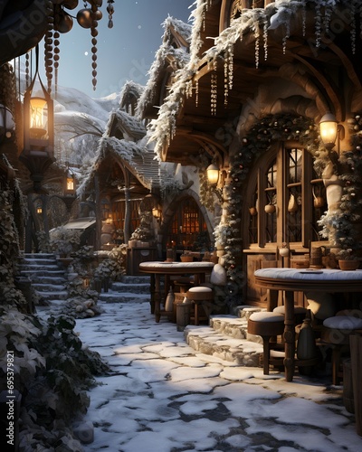 Christmas restaurant decorated with snowflakes and garlands. 3D rendering