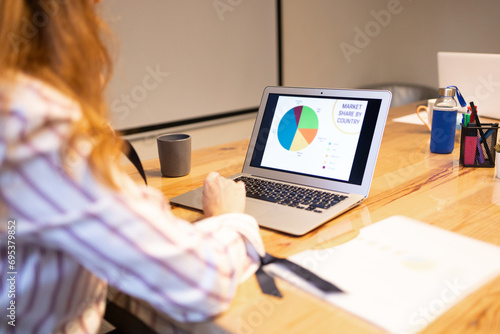 Anonymous woman checking charts on screen of laptop in modern office photo