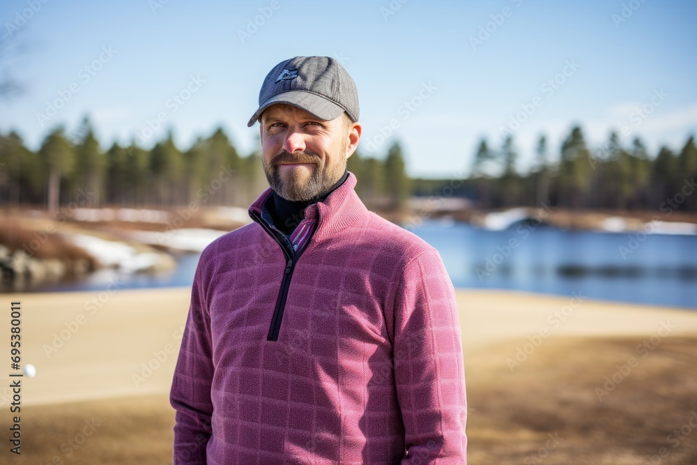 Portrait of a glad man in his 40s wearing a breathable golf polo against a backdrop of a frozen winter lake. AI Generation