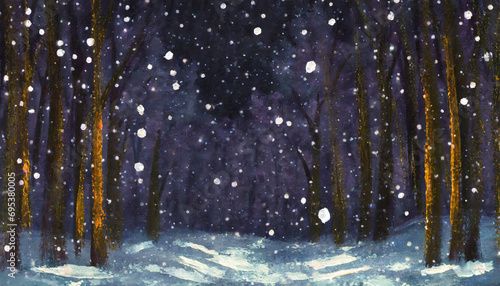 Snow falling at night in a snowy dark forest, copy space © Giuseppe Cammino