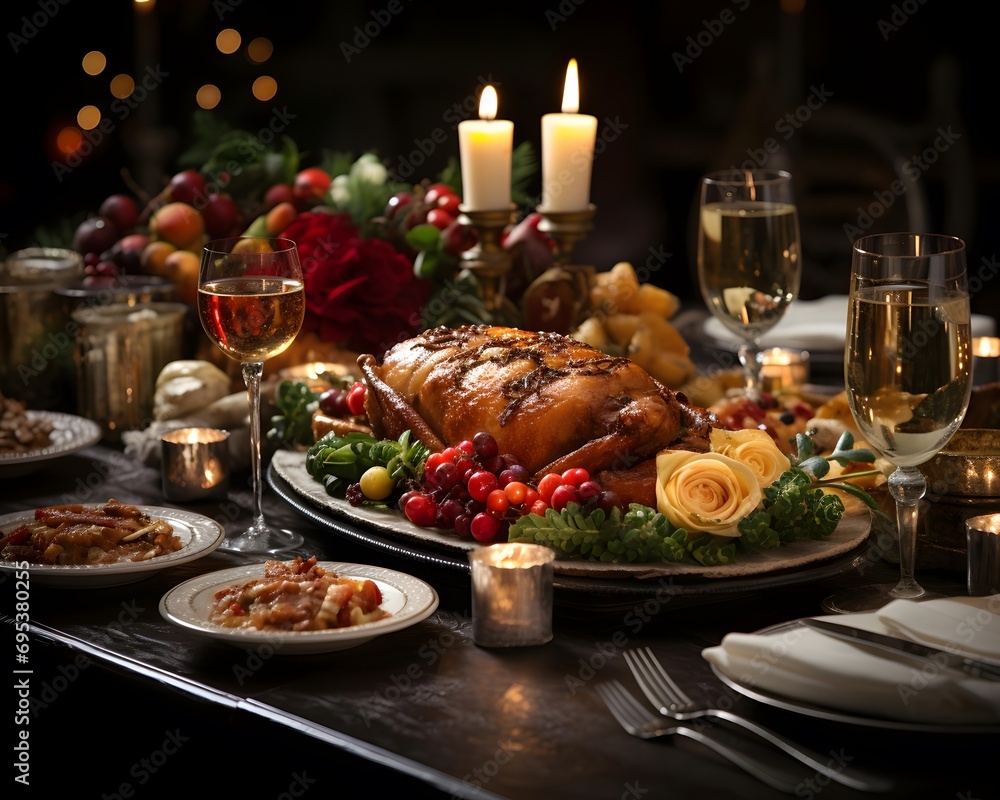 Festive table with turkey and other dishes for Christmas dinner at night