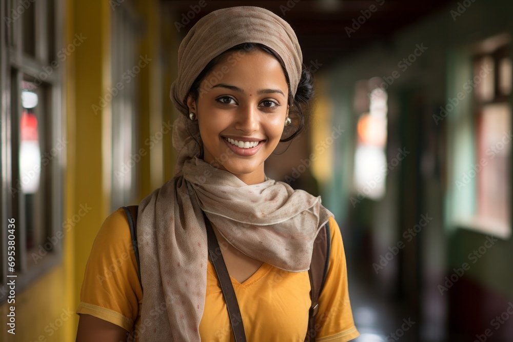 Portrait of a smiling indian woman in her 20s wearing a versatile buff against a bustling school hallway. AI Generation Portrait of a smiling indian woman in her 20s wearing a versatile buff against a bustling school hallway. AI Generation