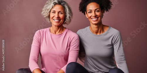 Joyful Fitness Duo: Smiling Mother and Daughter Enjoying a Healthy Lifestyle - Family Workout, Multigenerational Exercise, Women’s Health, Active Family, Positive Aging, Fitness Motivation