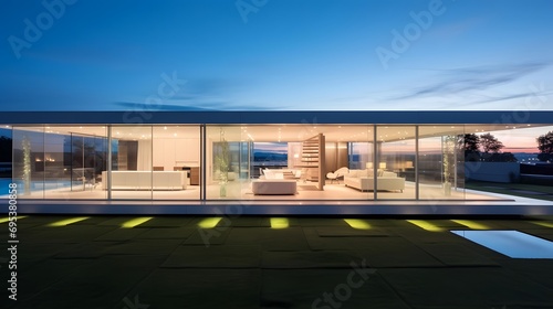 Panoramic view of a modern villa in the evening. © Iman