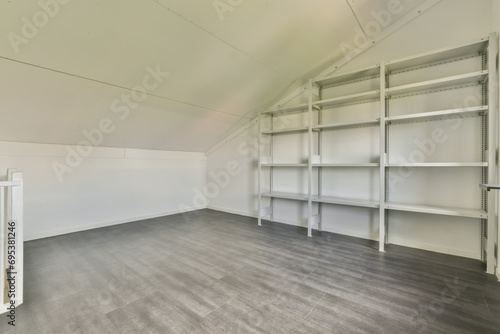 Empty attic room with metal storage shelves photo