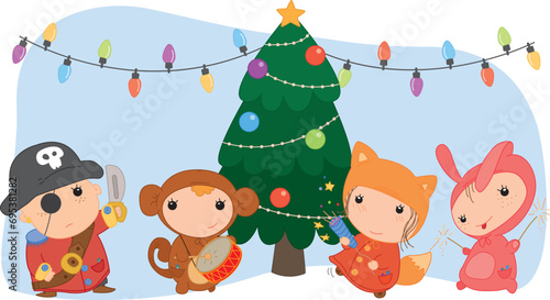 Сute carnival characters wearing costumes. Vector colorful illustration of kids in masquerade suits near the Christmas tree 