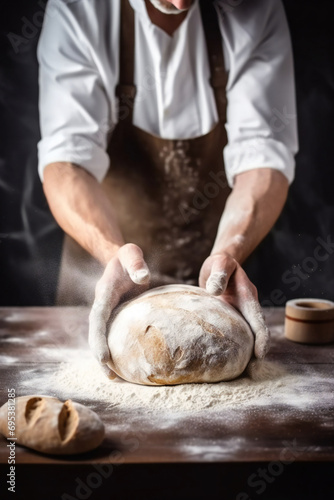 Baker cooking bread. Man slaps flour over the dough. vertical orientation