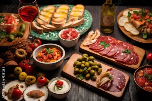 spanish tapas and sangria on wooden table. Typical spanish tapas concept. photo