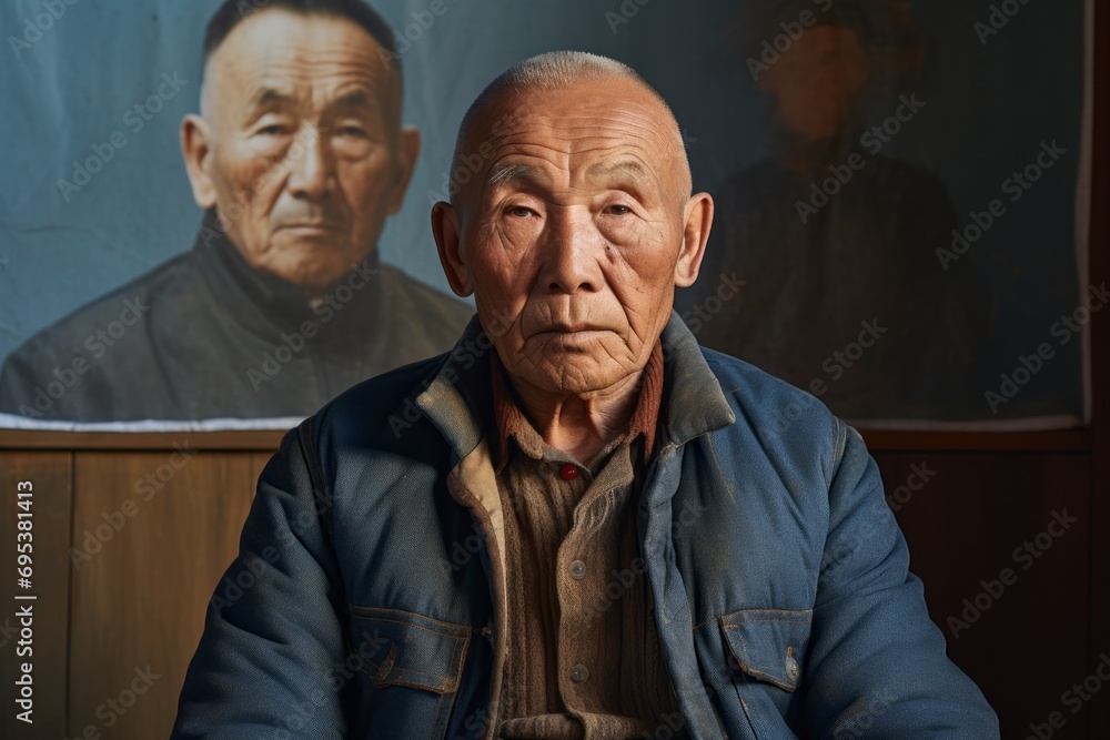 Portrait of a glad asian elderly man in his 90s sporting a rugged denim jacket against a serene meditation room. AI Generation Portrait of a glad asian elderly man in his 90s sporting a rugged denim jacket against a serene meditation room. AI Generation