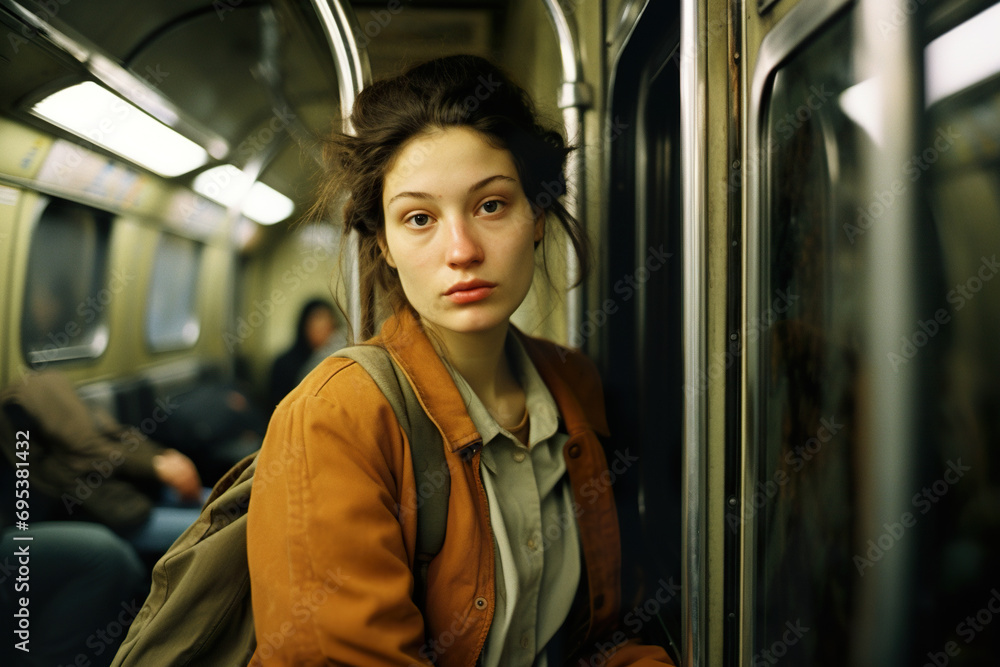 Generative AI crafted image of a contemplative young woman sitting inside a subway train, looking directly at the viewer Generative AI crafted image of a contemplative young woman sitting inside a subway train, looking directly at the viewer